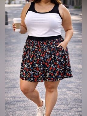 49 Triste Black Floral Skirt 2X Red Ditsy Print Elastic Waist Casual Boho